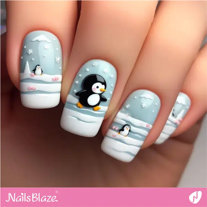 French Nails with Penguins on a Snowy Day | Polar Wonders Nails - NB3131